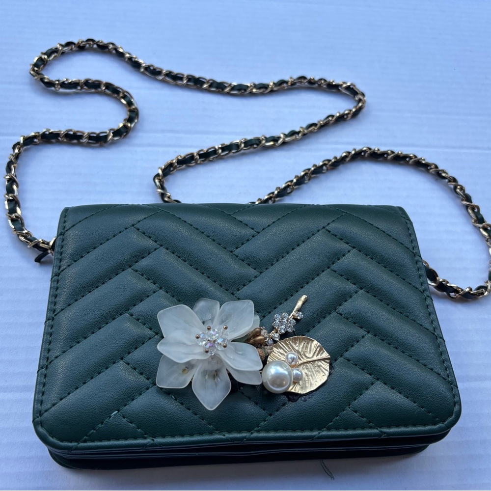 Bebe Green Quilted Crossbody Bag with Floral Detail